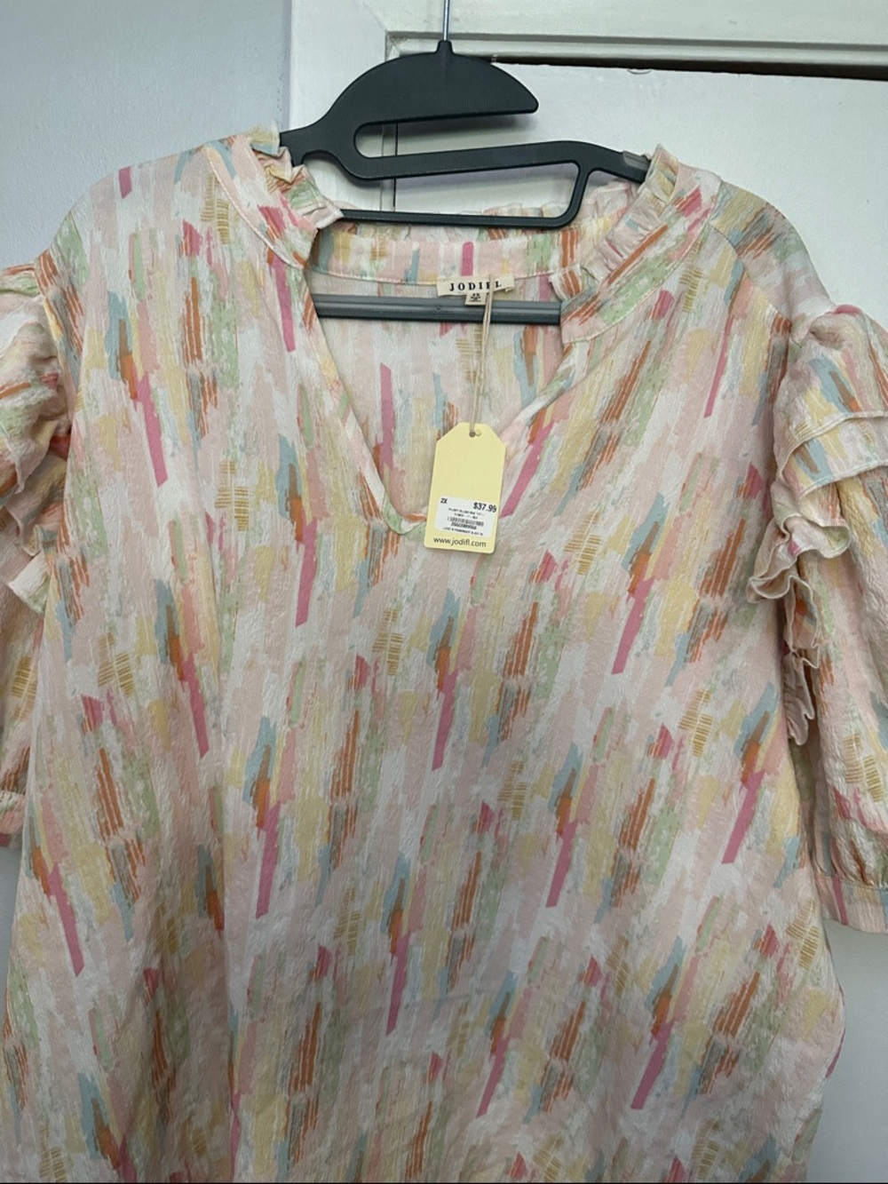 JODIFL Pastel Brushstroke V-Neck Ruffle Sleeve Top - Pink, Cream, Blue, Green